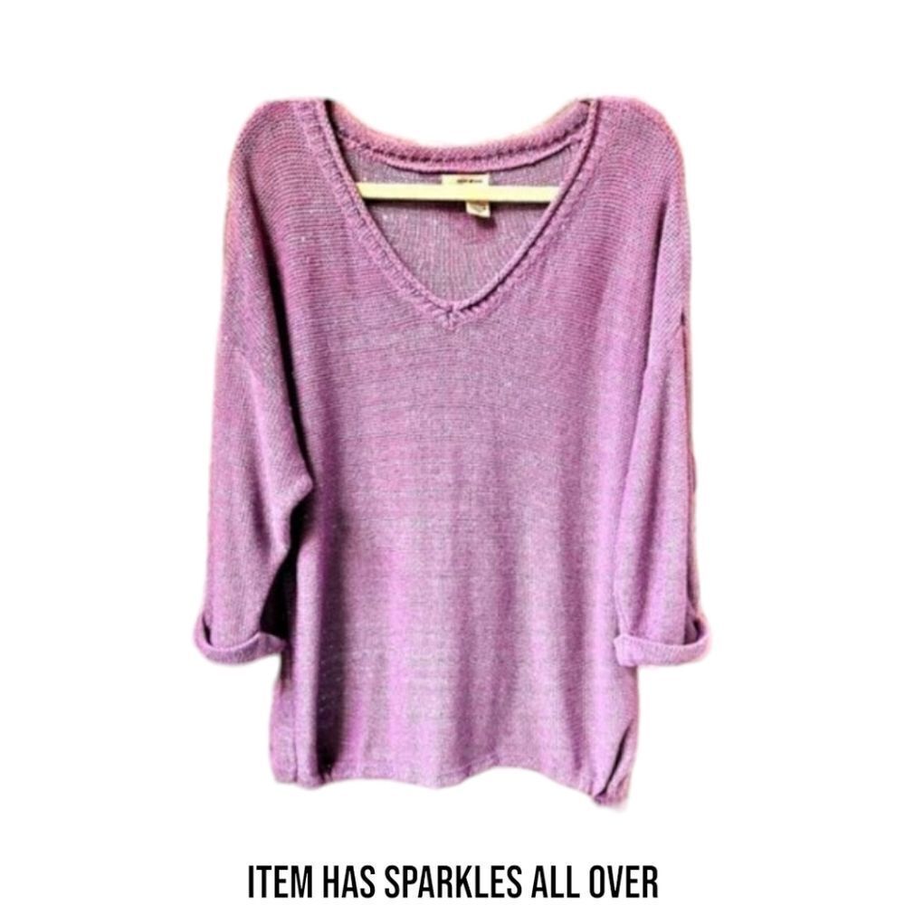 DKNY JEANS Womens new plus size lilac metallic sparkle v- neck warm  sweater 3X